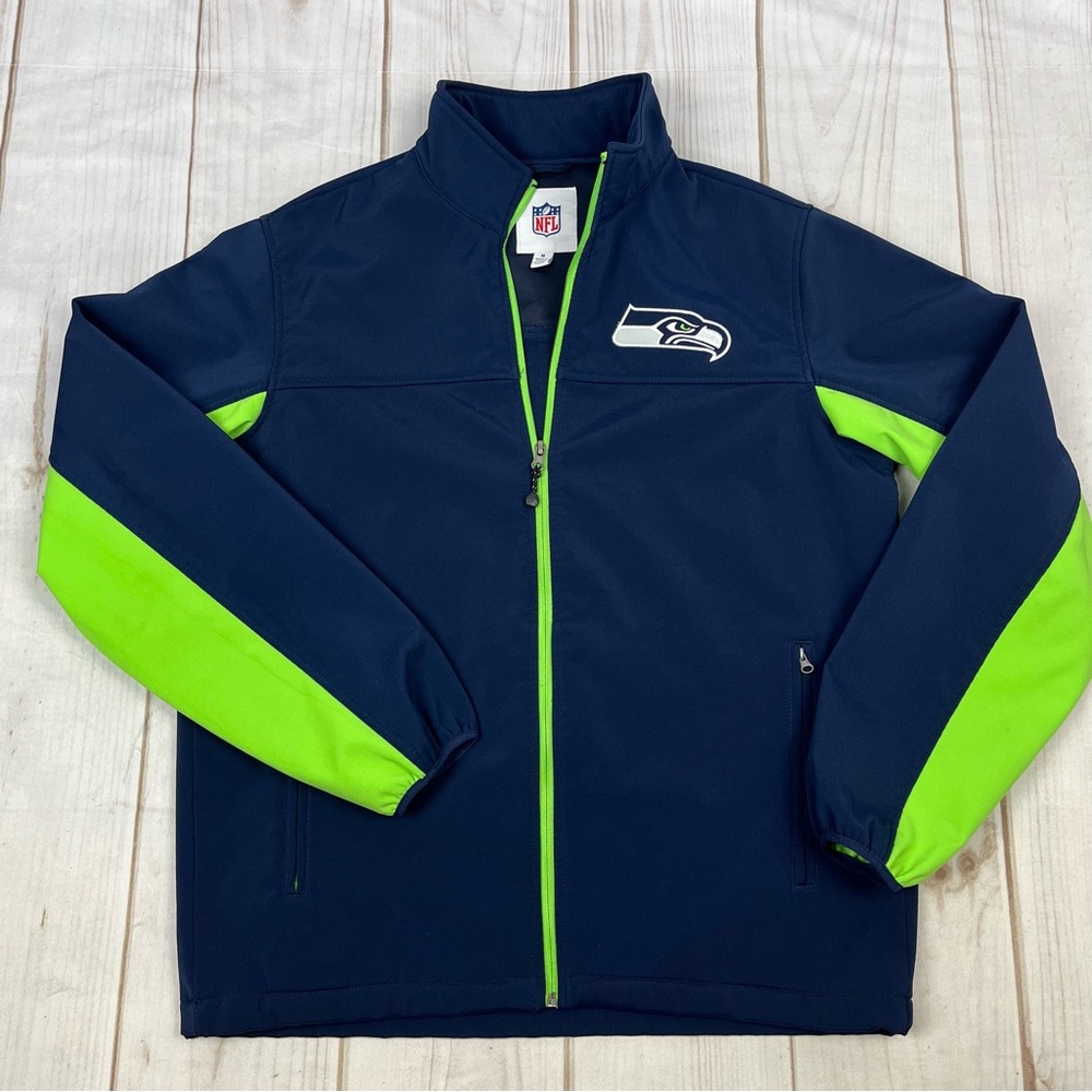 NFL Seattle Seahawks Soft Shell Fleece-Lined Jacket Navy Blue/Neon Green Sz M